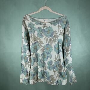 J. Jill Women's XL Cotton Blend Light Green Floral L/S Top Blouse Wide Neck